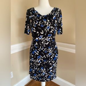 Jessica Howard Sheath Dress, Cowl Neck, Blue & Black Floral, Size 12P, Lined
